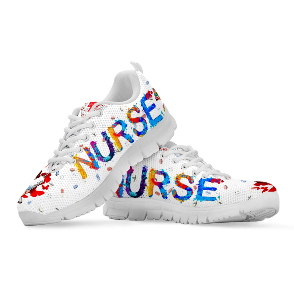 INSTANTARTS Cute Hospital Cartoon Nurse Girls Pattern Sneakers Shoes for Women Breathable Lace up Flat Shoes Comfort Zapatillas