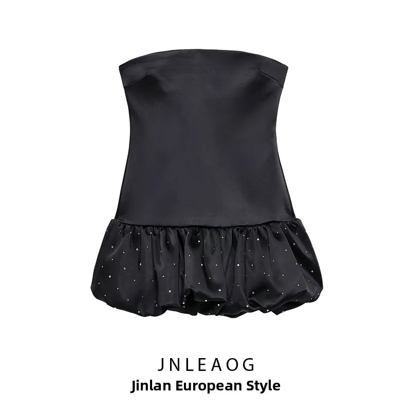 Novo Vestido F JNLEAOG de Cetim de Seda com Decoração de Strass Feng ui, Silhueta Balão, Casual, Cor Pura, Primavera...