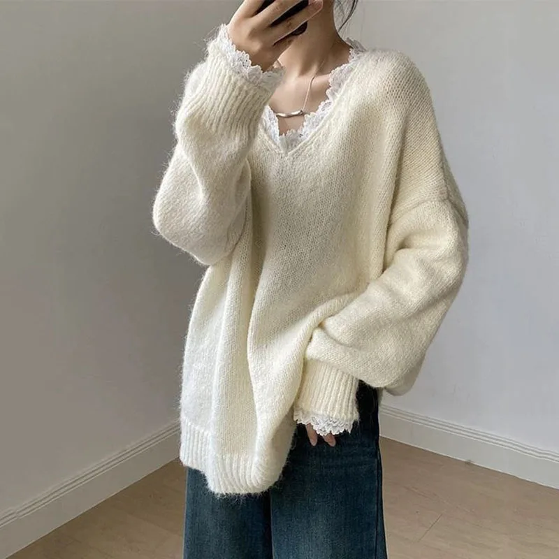 Women's Patchwork Lace V-neck Sweaters Streetwear Y2K Vintage Loose Long Sleeve Knit Pullover Fall Winter Thick Warm Soft Jumper
