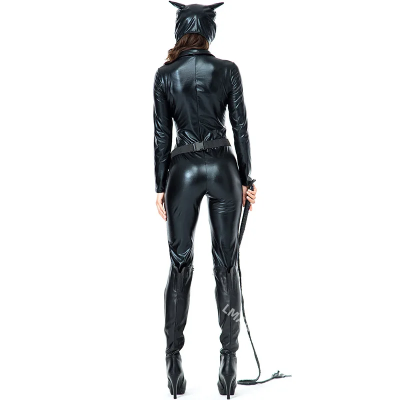 Black PU Cat Costume for Halloween Adult Women Carnival Party Catsuit DJ Bodysuit