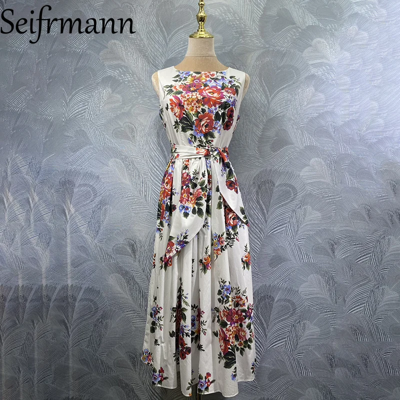

Seifrmann 2026 Весеннее женское модное хлопковое платье без рукавов с круглым вырезом, принтом и завязками на талии