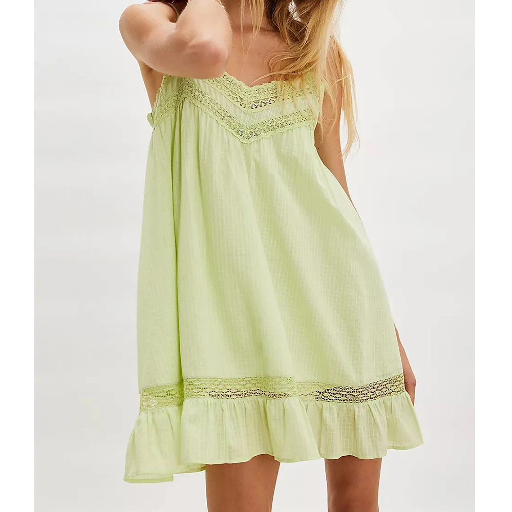 เดรสสั้นสไตล์เรโทรเซ็กซี่ แต่งลูกไม้ สายเดี่ยว คอกลม ทรงหลวม ผ้าพลิ้ว โชว์หลัง สไตล์โบฮีเมียน