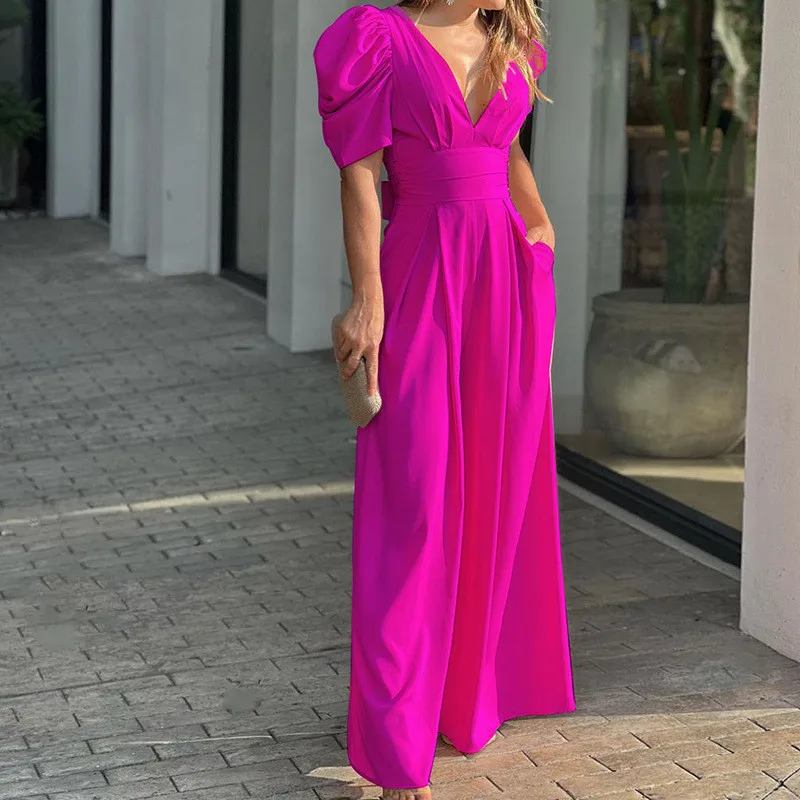 Summer Women's Slim Short Puff Sleeve V-neck Wide Leg Long Jumpsuit Elegant High Waist Ruched Pocketed Solid Color Jumpsuits
