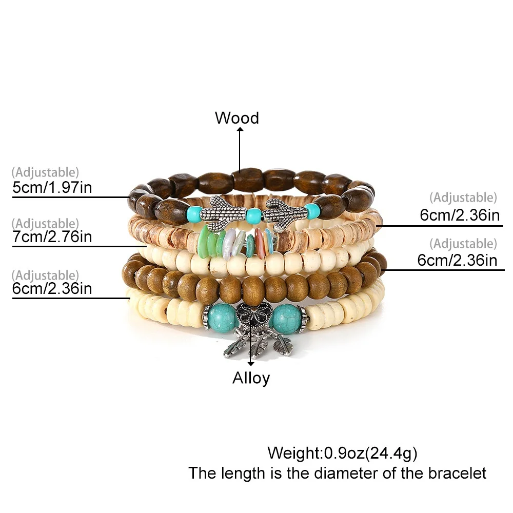 Böhmisches Legierungs-Feder-Kaktus-Armband Retro-Holzperlen Mehrschichtiges Armband für Männer Mode Party Schmuck Accessoires Geschenke – Detail 2
