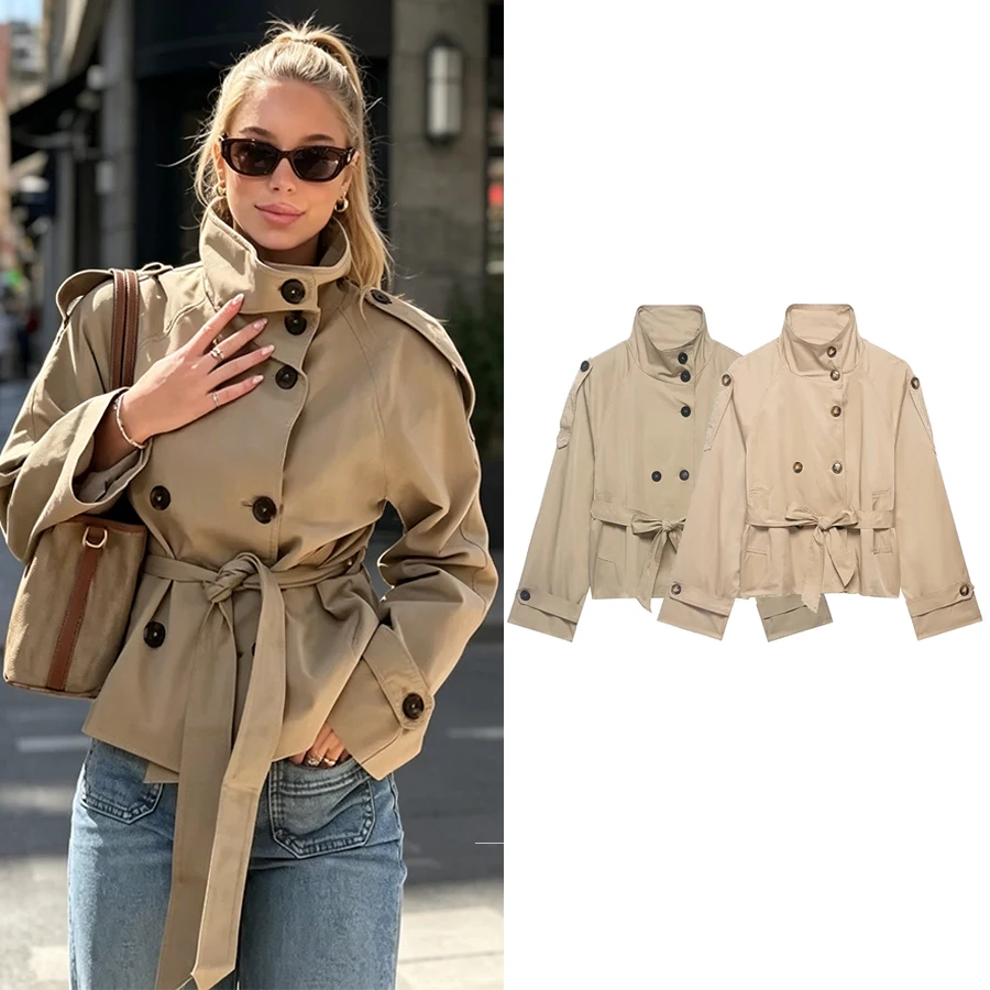 Women Cropped Trench Jackets Coat Autumn Outfit For Women Double Breasted Stand Collar Coats Lady Casual Vintage Jackets