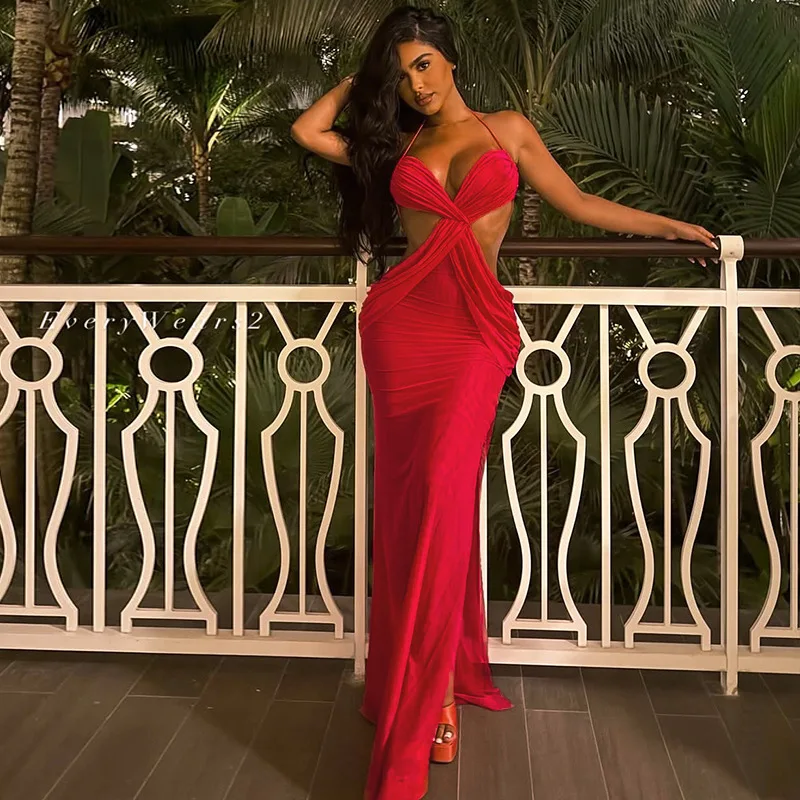 

STYLISH LADY Cross Crisse Maxi Dress 2026 Summer Women Halter Backless High Slit Mesh Sexy Club Party Long Dresses
