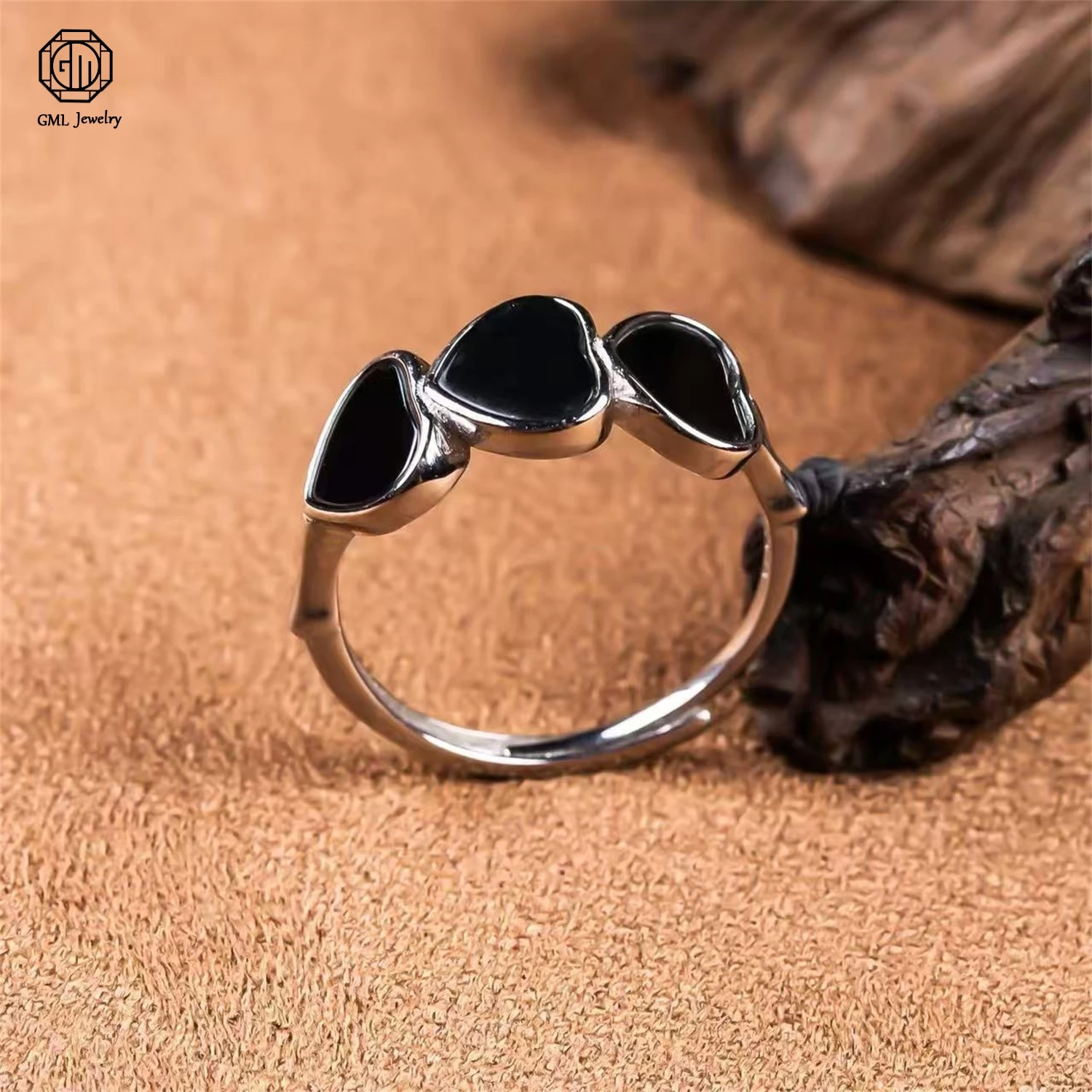 Natural Grade A Jadeite Black Jade Cabochon Ring Copper Setting Ice Translucent Adjustable Men Band Gemstone Jewelry Gift