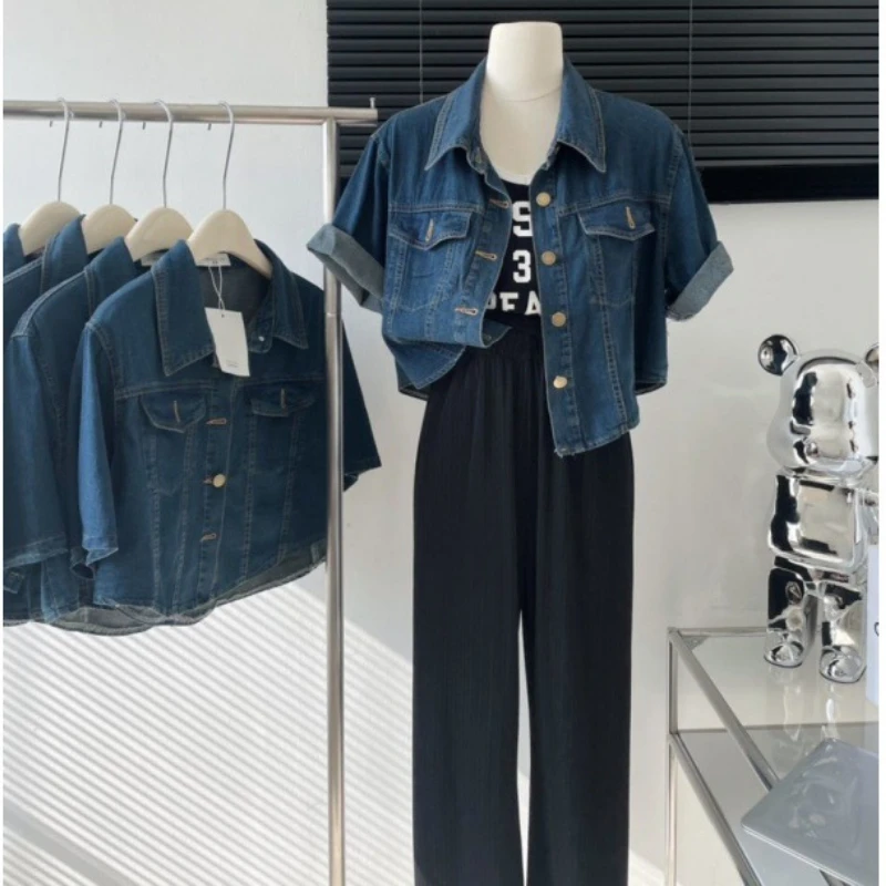

Retro Casual Blue Women's Denim Jacket with Pockets Student Summer Short Sleeved Denim Shirt Retro Jeans Short Top Clothing