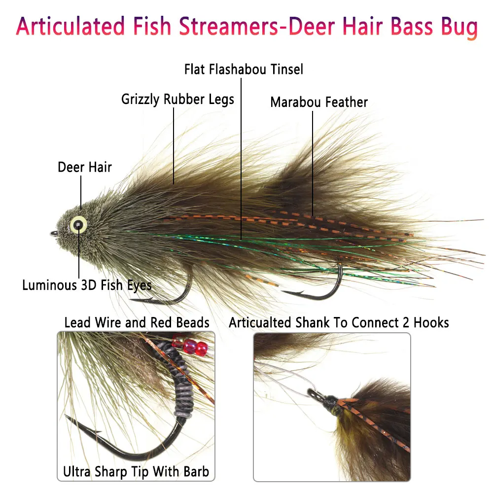 1/2 Stück Gelenkige Fisch-Streamer aus Hirschhaar, Bass- und Insekten-Streamer, Fischgräten-Streamer, Big Game Fisch, Meeresfischen, Hecht-, Barsch- und Forellen-Angelköder – Detail 2