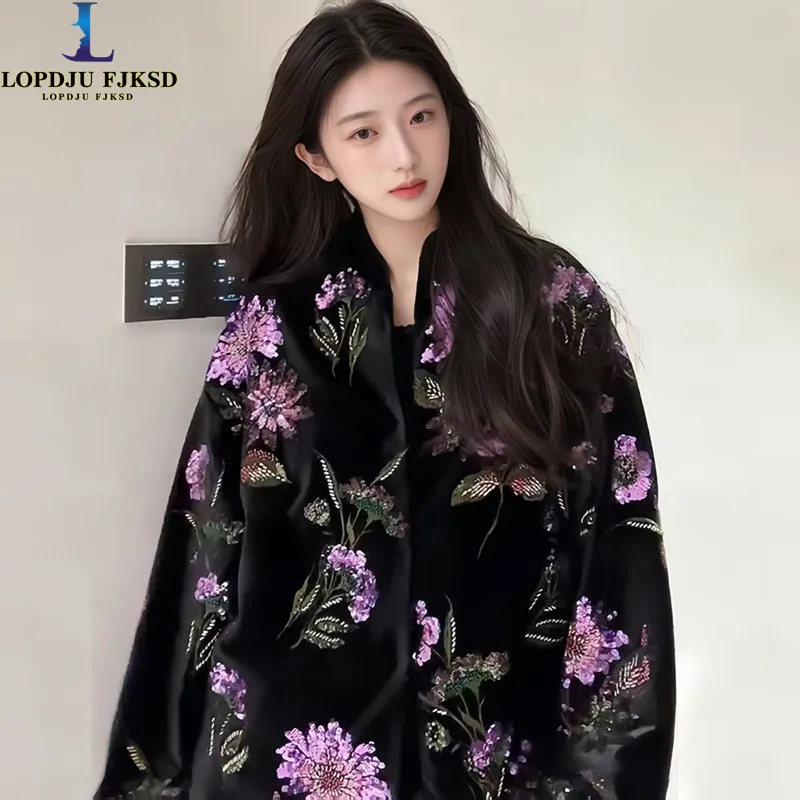 

2025 Chinese Embroidery Women Beautiful Loose Sequins Temperament Jacquard Jacquard Flower Cotton-padded Coat Spring Autumn