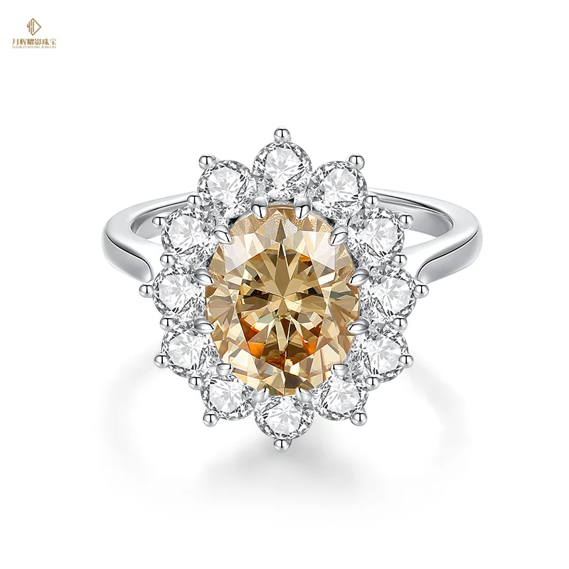 Luxury Moissanite Jewelry  925 Silver champagne All Full Moissanite Oval Ring 3ct Flower  Moissanite Jewelry Pass Diamond Tester