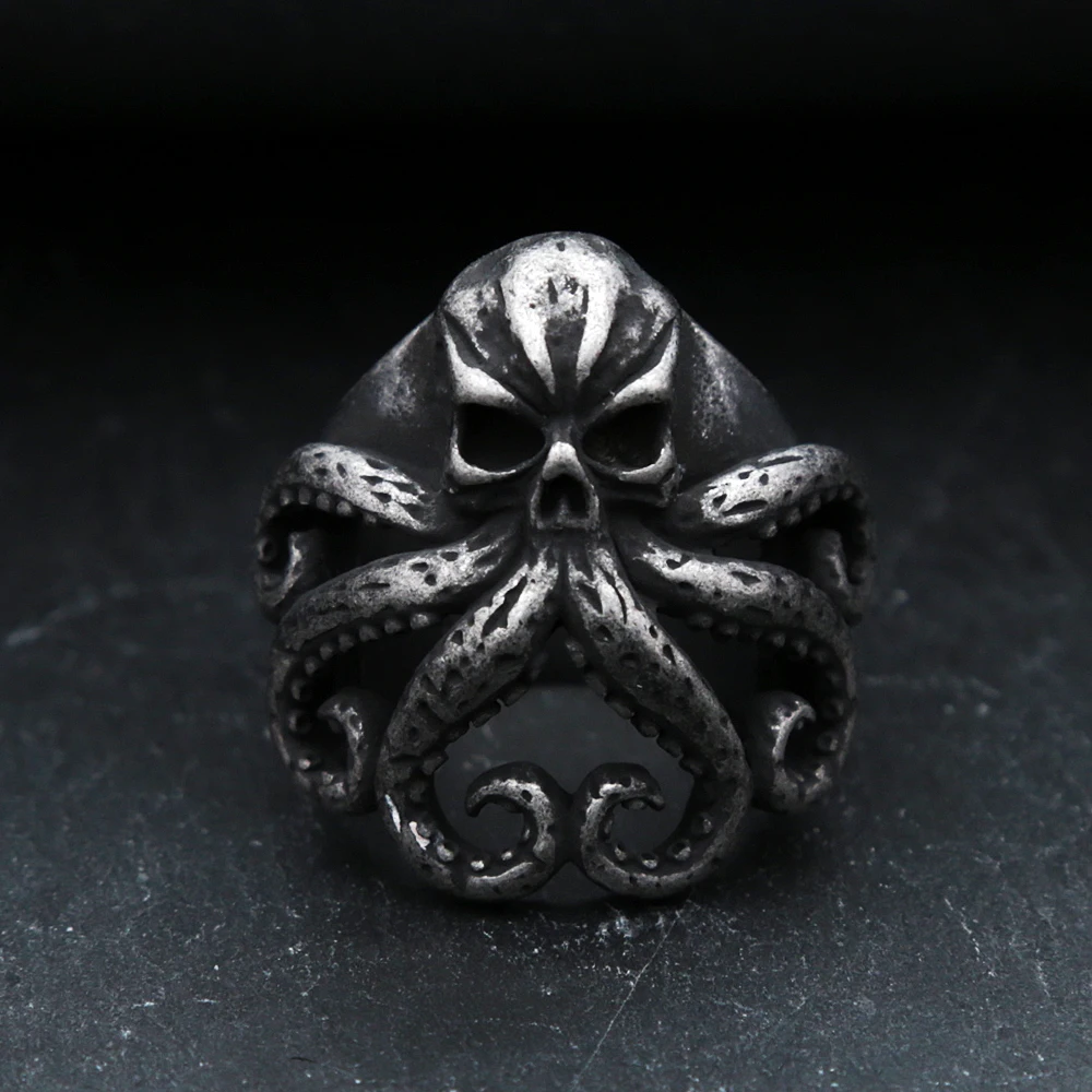 Punk Vintage Cthulhu Ring Unique Plus Size Stainless Steel Gothic Skull Octopus Ring Men Biker Animal Jewelry Gift Wholesale