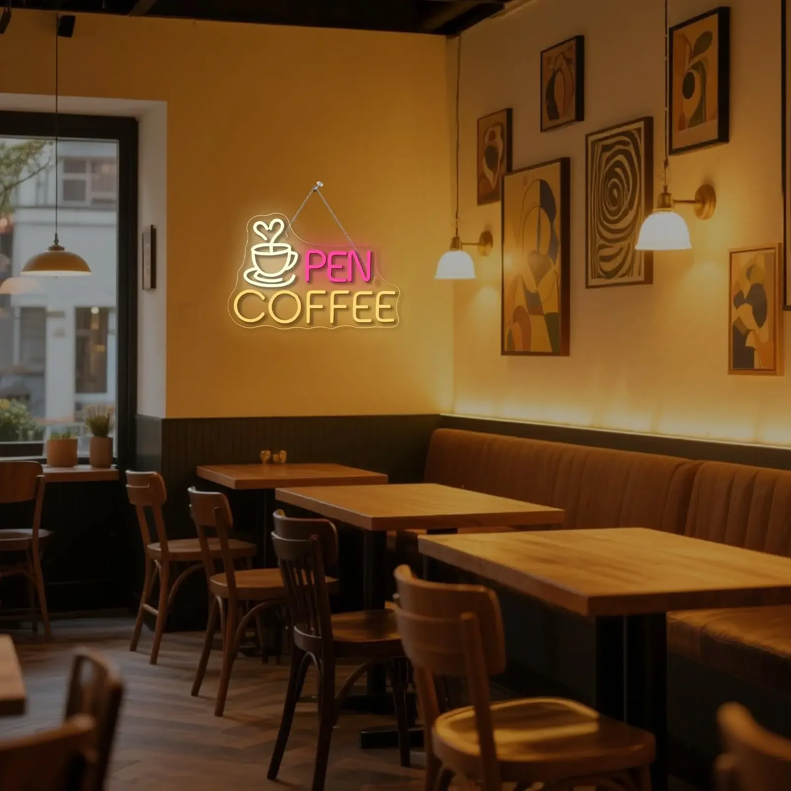 Open Neon Sign LED Lights Coffee Shop Backdrop Wall Art Lighted & Coffee Bar Shop Station Door Decorations