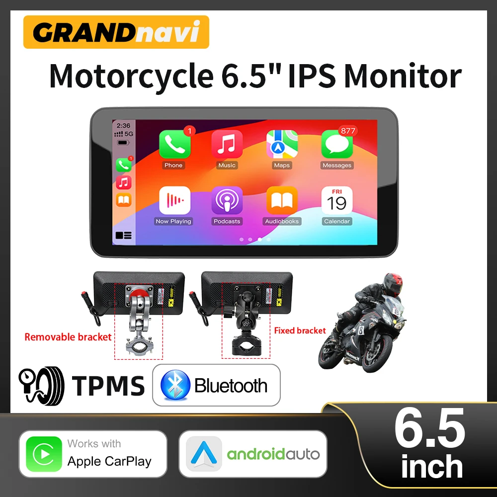 

6,5-дюймовый мотоциклетный GPS-дисплей, беспроводной CarPlay Android Auto, съемный кронштейн, портативный IP67, водонепроницаемый Bluetooth-монитор с двигателем