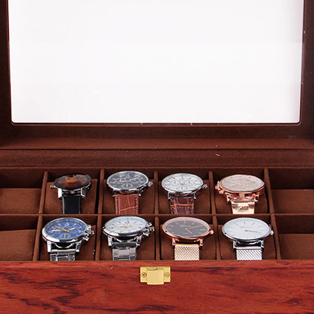 Watch Box, 12 Slot Watch Display Wooden Case, Transparent, Glass Organizer Storage for Men and Women, Brown