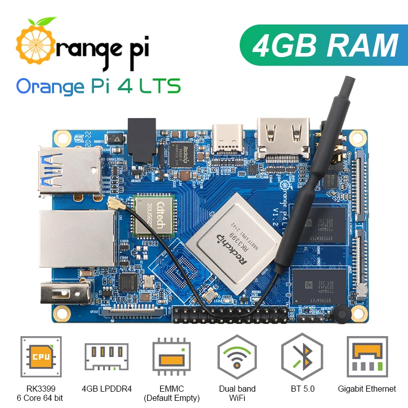 Orange Pi 4 LTS 4GB RAM Rockchip RK3399, Supported Wifi+BT5.0,Gigabit Ethernet, Run Android,Ubuntu,Debian OS