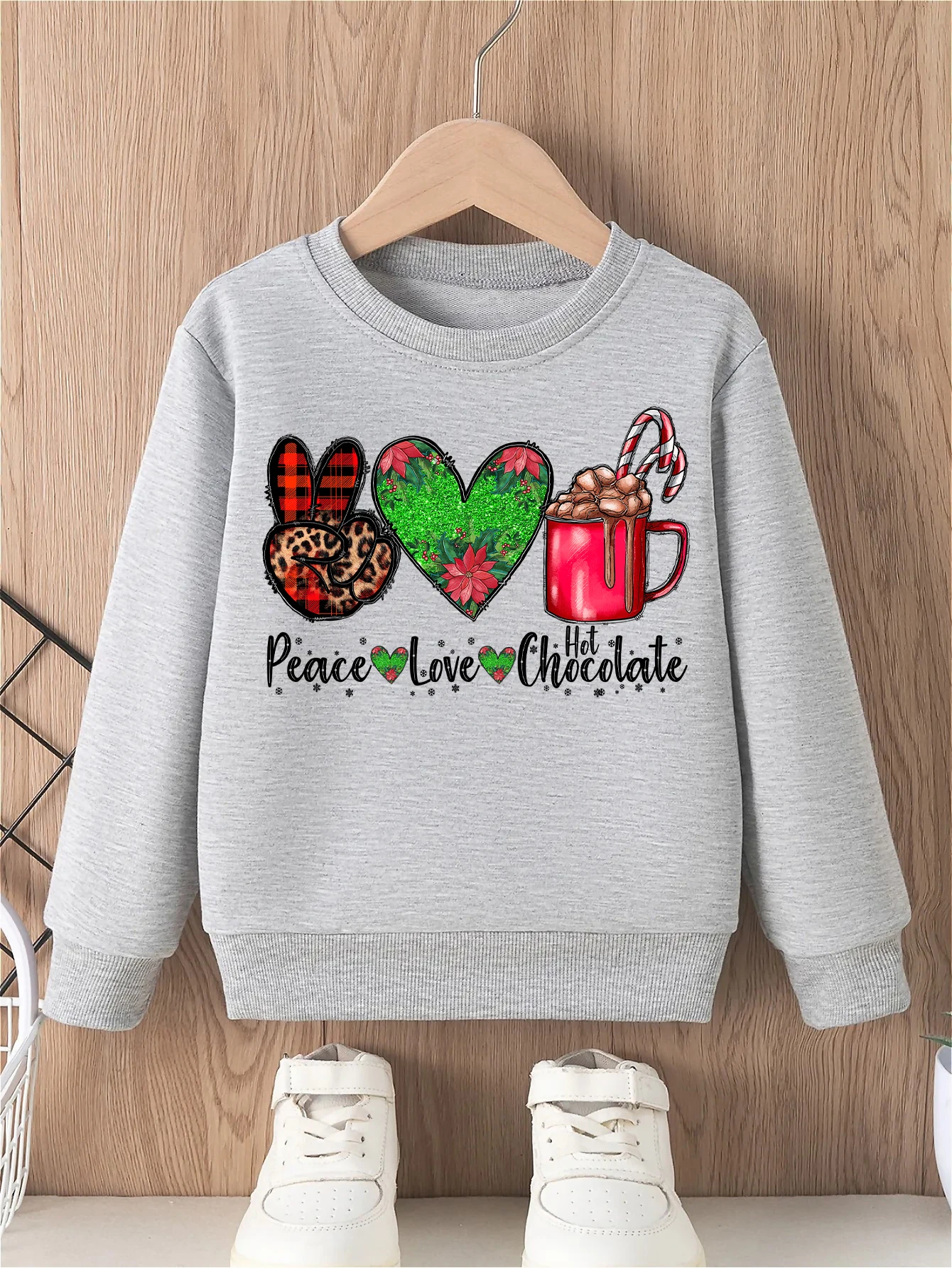 

Рождественская толстовка для девочек (без шапки) с леопардовым клетчатым знаком мира в форме сердца и ярким шоколадным узором Стильная повседневная толстовка для детей