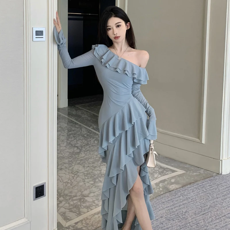 

Elegant Solid Ruffles Splicing Irregular Hem A-line Dress Woman Gentle Diagonal Collar Flare Sleeves Split Long Dresses