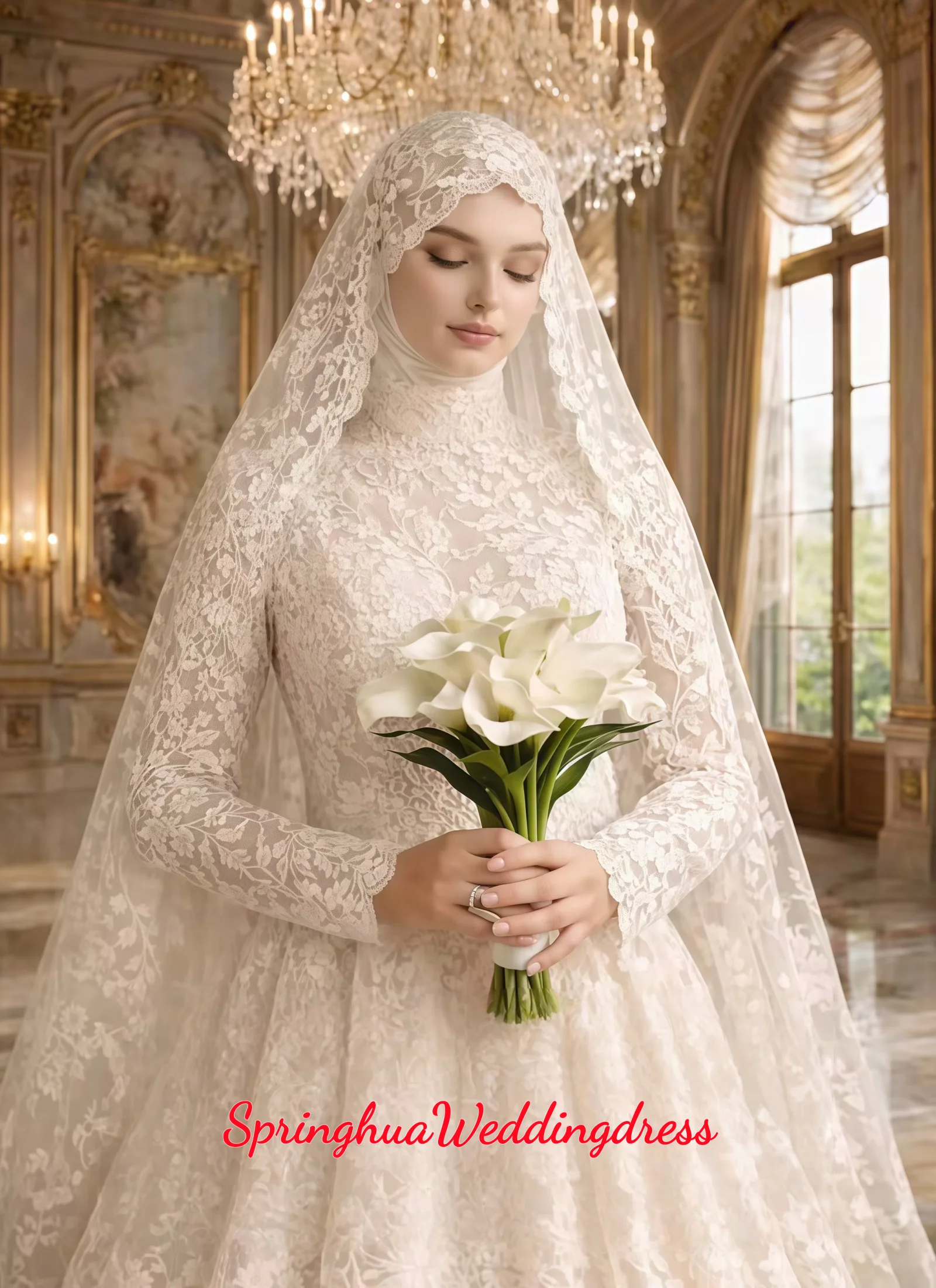 Customized weddingdress round neck long sleeve Ball Gown embroidered lace vestidos de novia robe de mariee