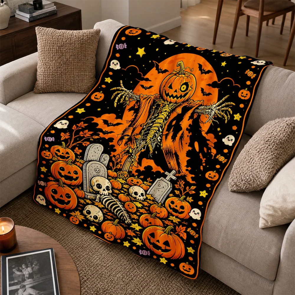 Spooky Halloween Pumpkin Skeleton Throw Blanket Sofa Cover Fleece Throw Fall Decoration for Autumn Gothic Horror Party Decor Gif