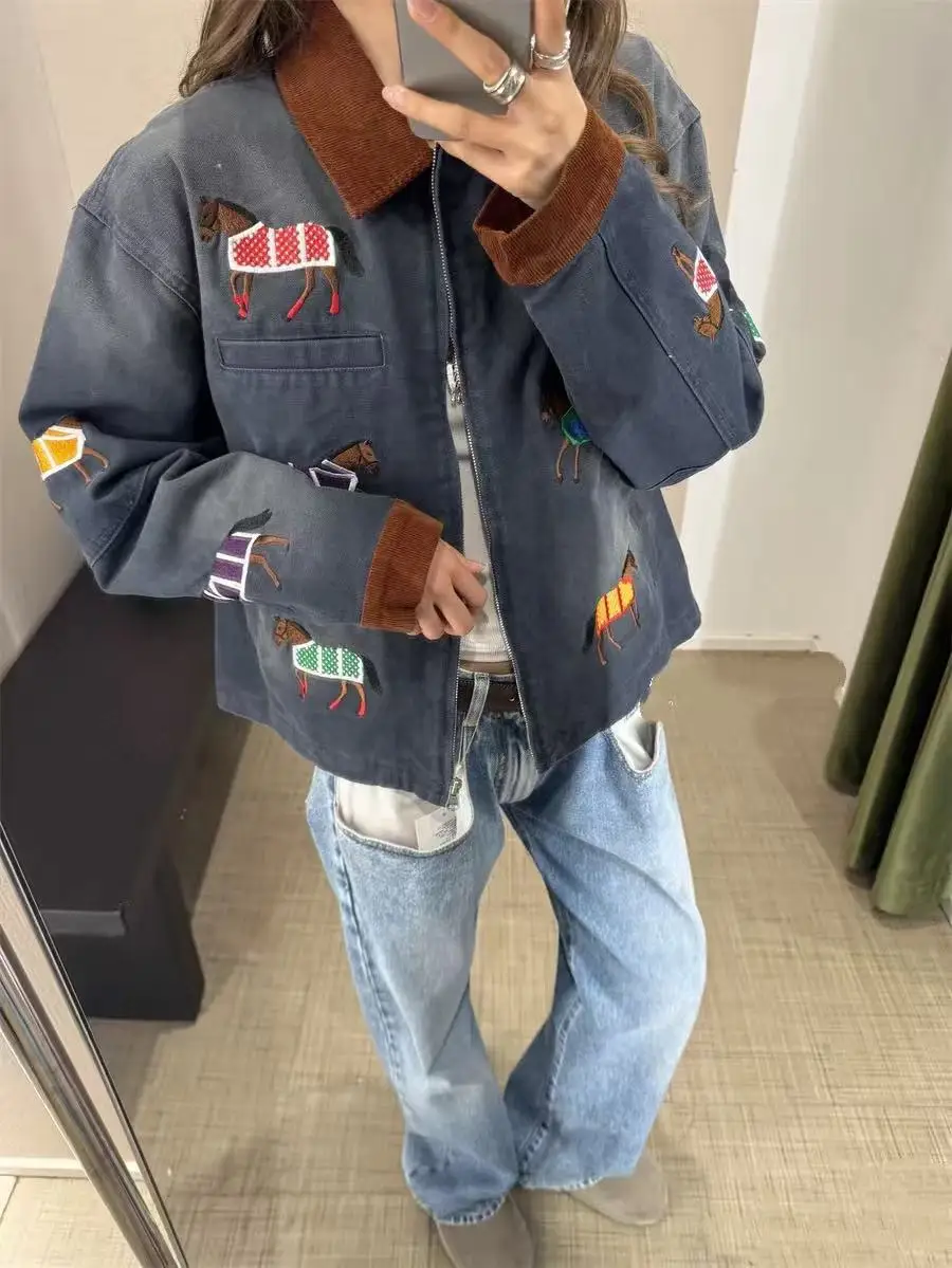 

Рабочая одежда в стиле ретро, Jaet, повседневное синее пальто с вышивкой Soma, свободный крой, длинное хлопковое женское пальто на молнии