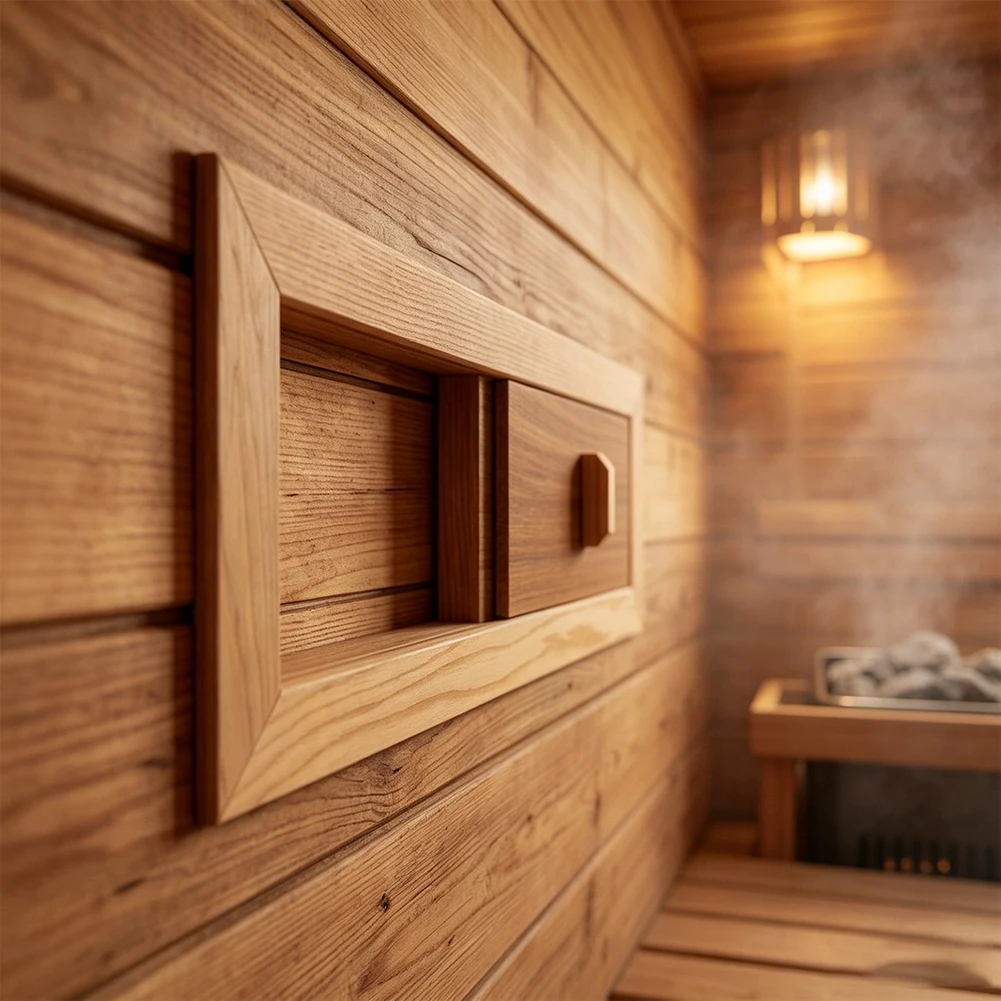 Solid Wood Sauna Vent Panel Providing Passive Air Movement Control Through Mechanical Slats Without Electrical or Moving Parts