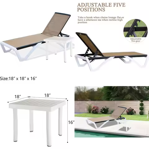 Domi Pool Lounge Chair Aluminum Adjustable Outdoor Chaise Lounge,All Weather Plastic Poolside Lounge Chair with Table for Deck L
