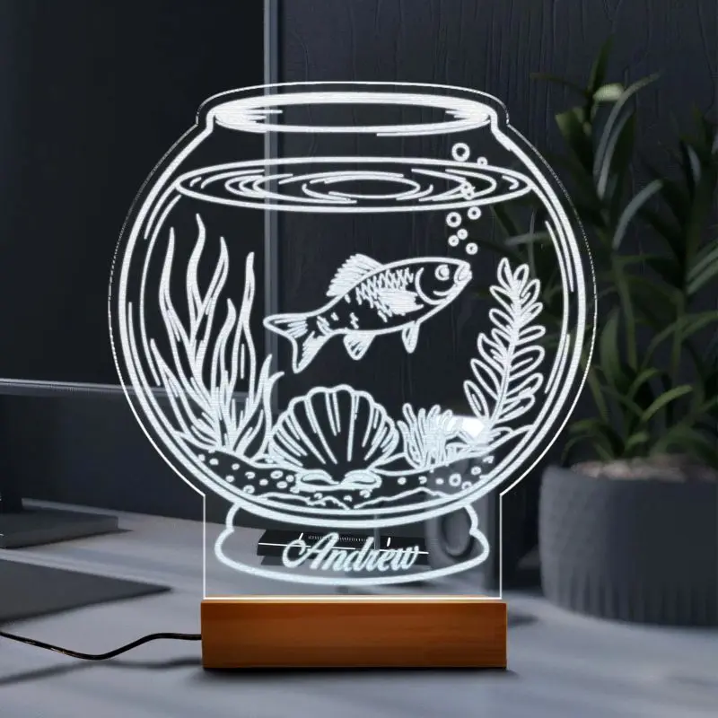 Personalized Fish Bowl Edge Night Led Light, Custom Name Fish Lamp Acrylic Led Light