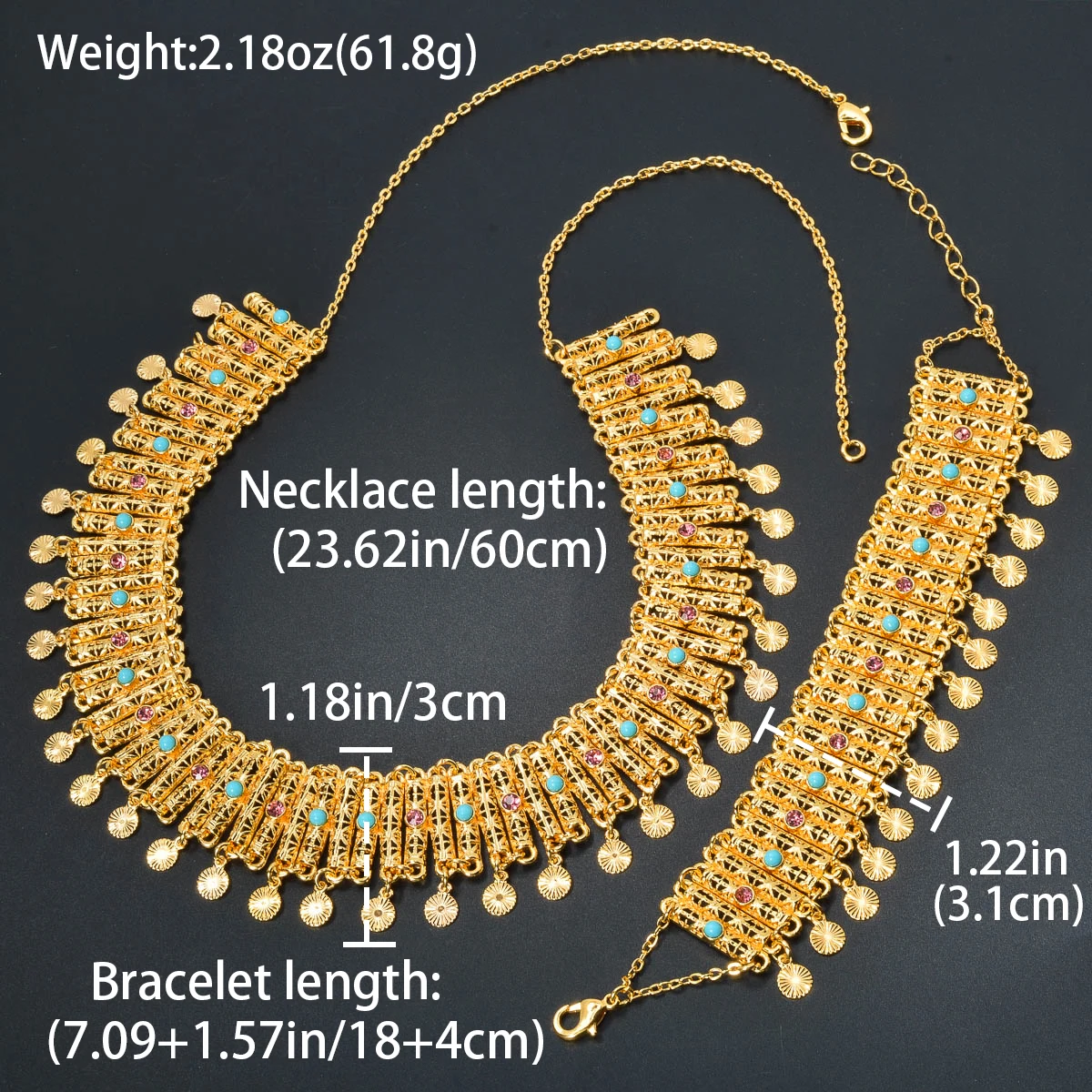 2024 New Style Zircon Gold Plated Pendant 2PCS Jewelry Sets Punk Neck Links Chains Female Hollow Bracelets Dubai Necklaces Gift