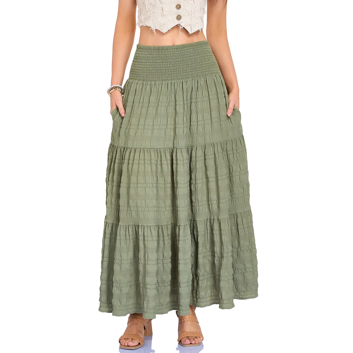 Women's High Waist Elastic Skirt Three Pockets Long H-Shape PVC Fabric Travel Friendly Skirt with Embroidery for Couples