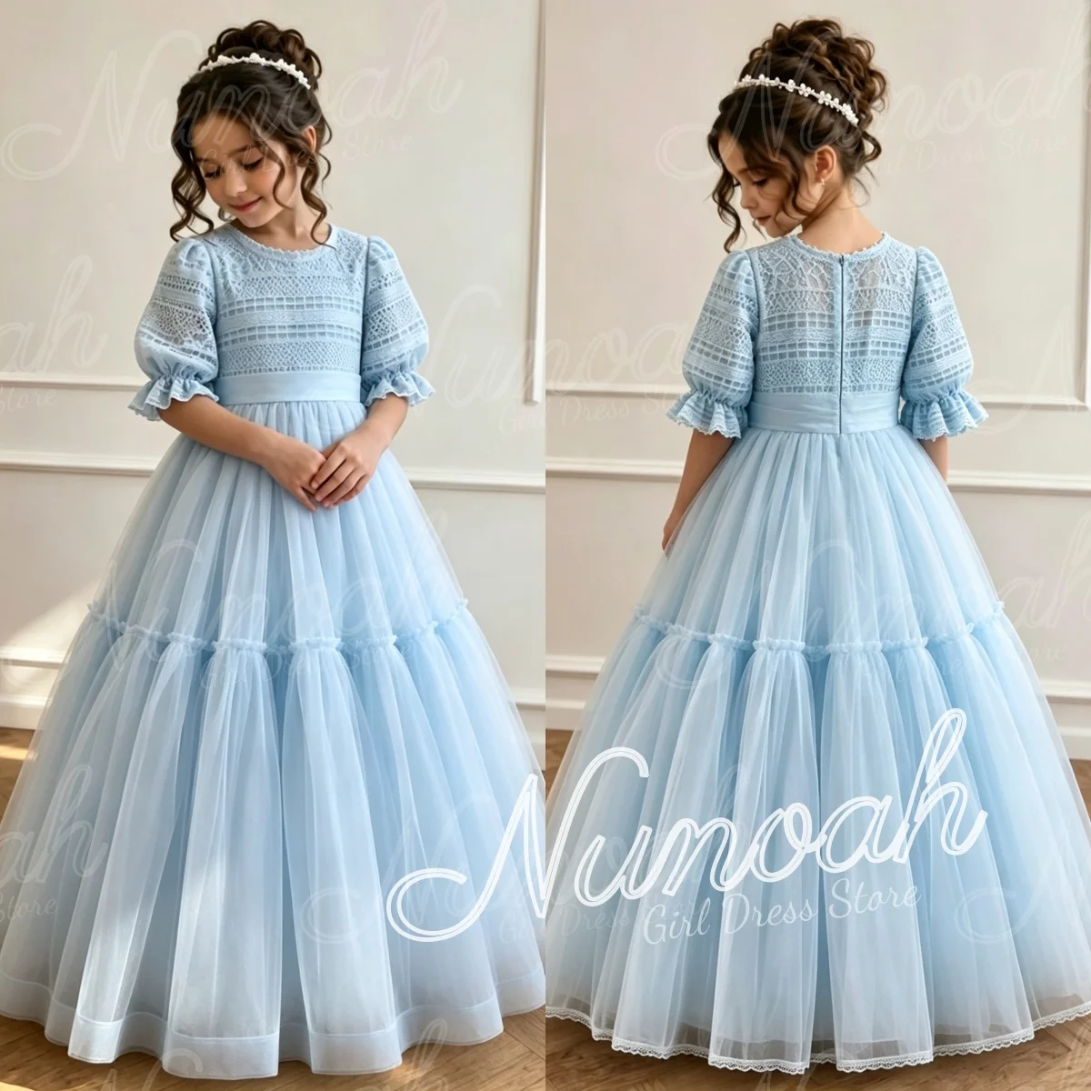 Blue Flower Girl Dresses for Wedding Lace Floor Length Elegant Baby Girl Birthday Ball Gowns First Communion Gowns Customized