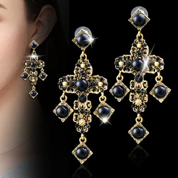 KIOOZOL black stones big cross earrings for women antique gold color retro jewelry accessories