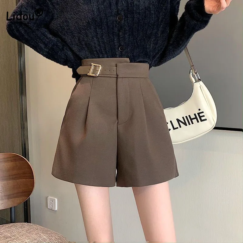 Office Lady Chic Belt Spliced Wide Leg Shorts Summer New Women's Clothing Commute All-match Solid Color High Waist Suit Pants