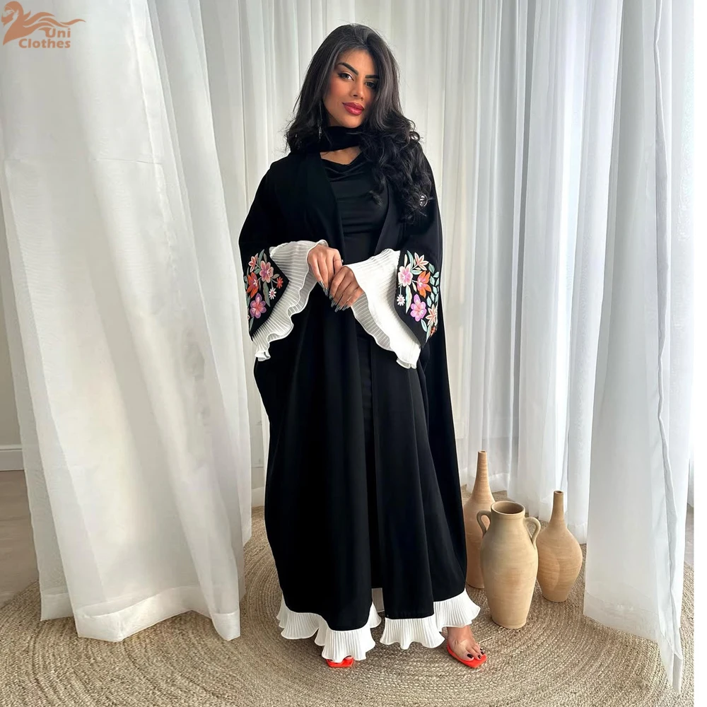 Uni Dubai ปักเปิด Abaya แฟชั่นจีบผ้า Patchwork Kaftan เสื้อสเวตเตอร์ถัก 2025
