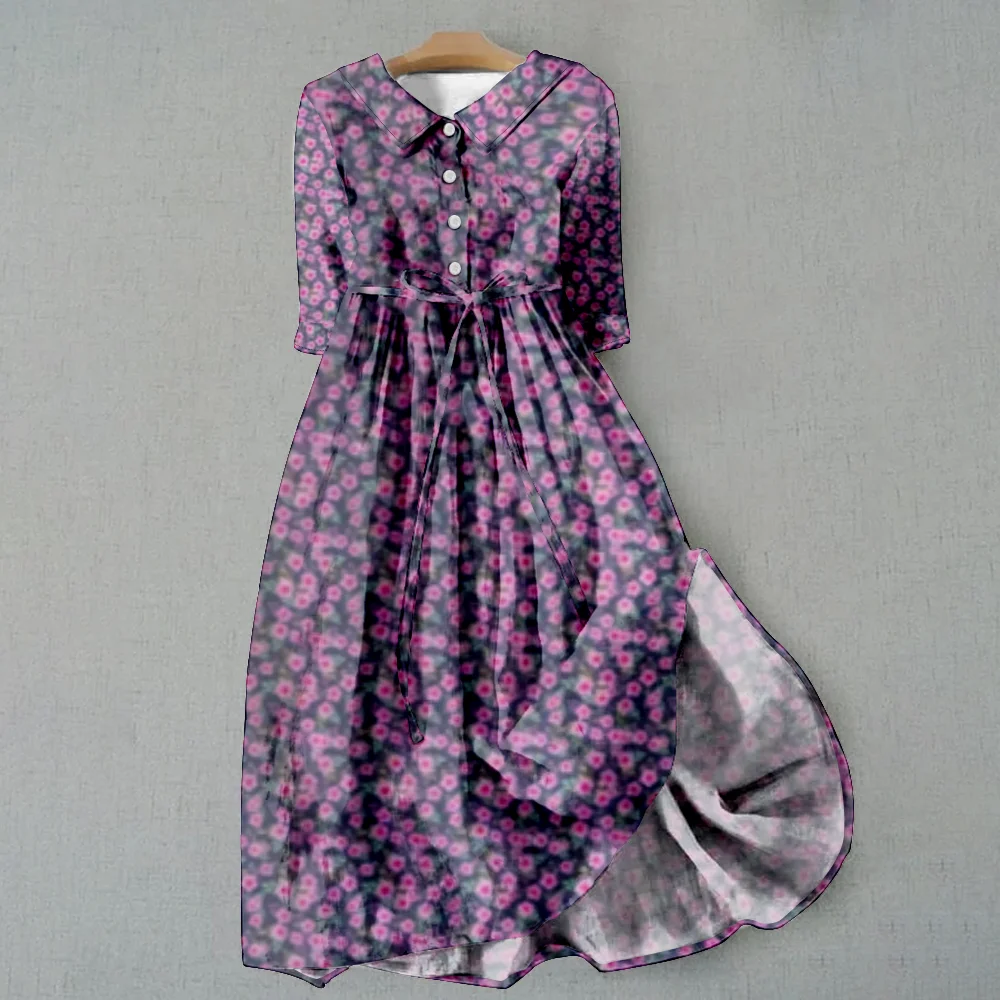 Dresses New Pastoral Simpe Lace Up Frock Printed Lapel Long Traf Summer Autumn Single Breasted Holiday Beach Plus Size Outfits