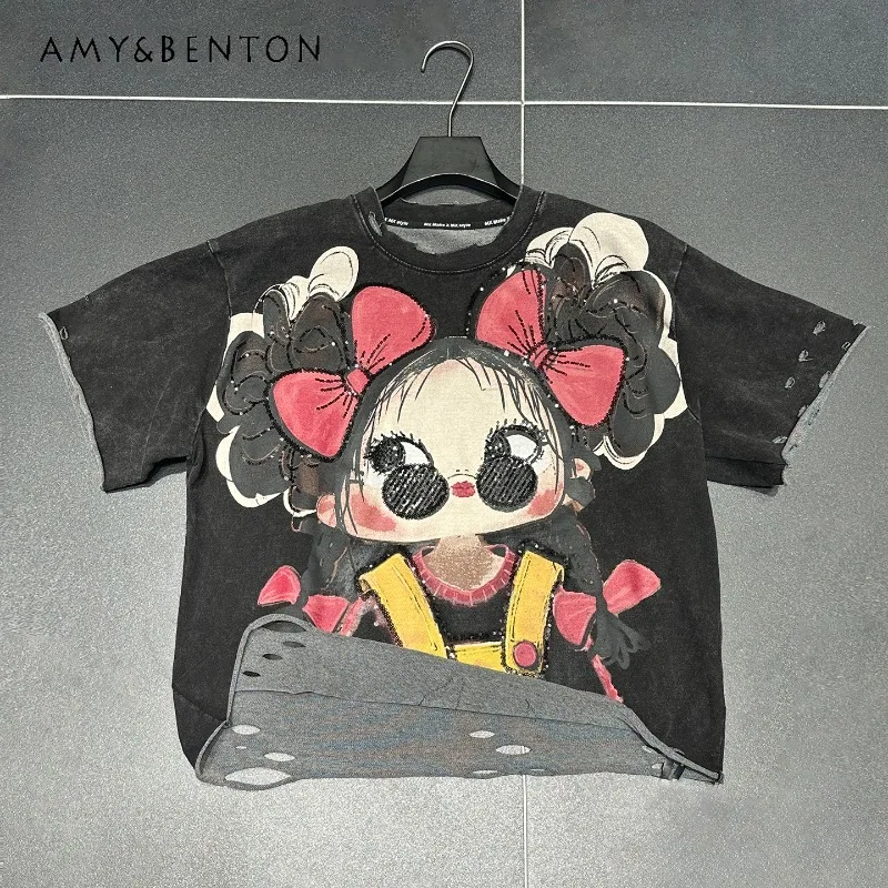 

Тяжелая промышленность, потертый дизайн, футболка с короткими рукавами и блестками для маленьких девочек, женские свободные повседневные футболки с короткими рукавами