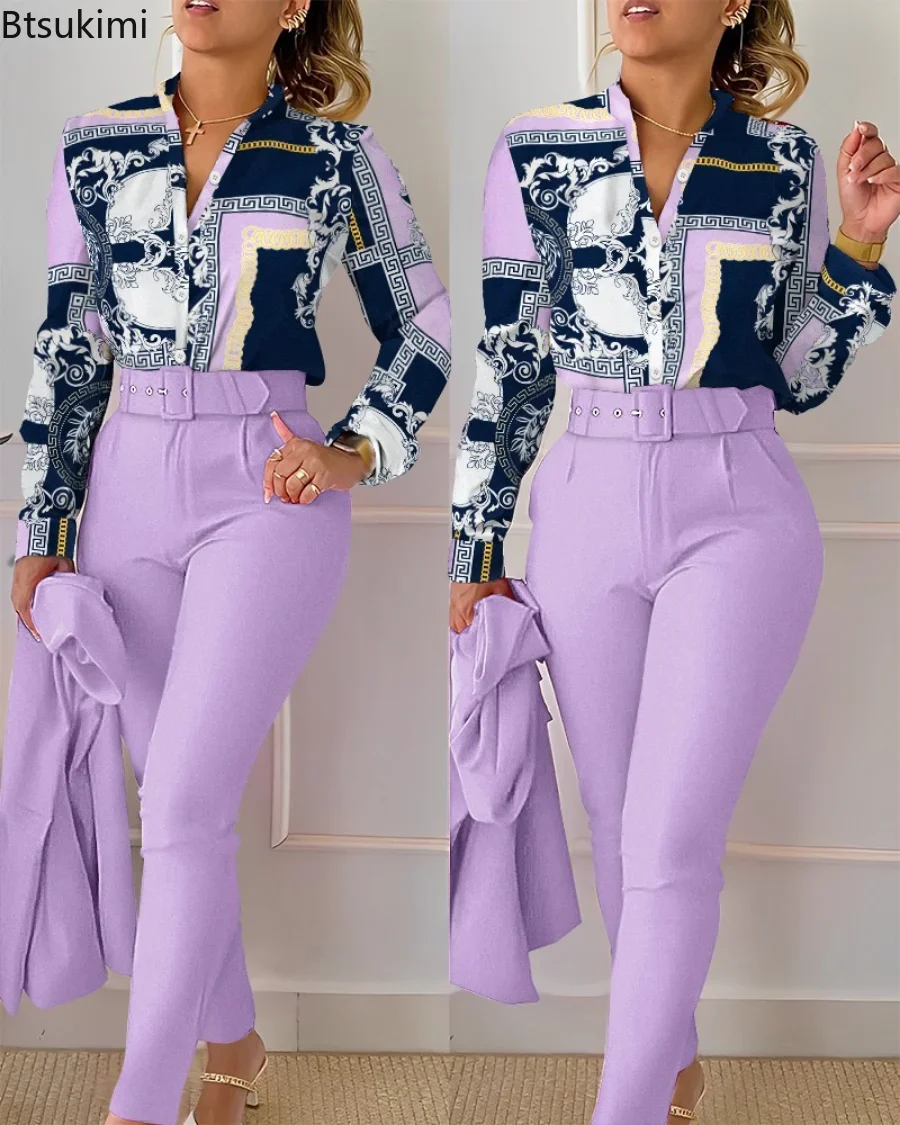 2024 Women\'s Elegant Two Piece Pants Sets Printed Long Sleeve Shirts and Pants with Belt Fashion Women 2pcs Suits Office Sets