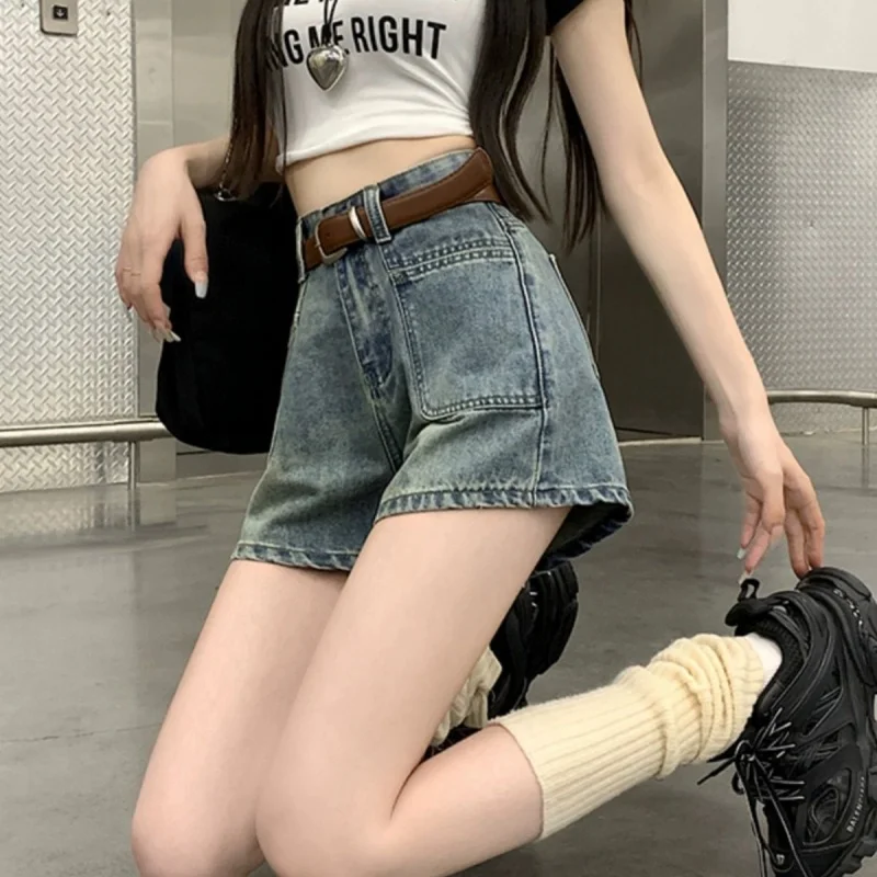 

Trendy Fashion Woman Thin Jeans Hot Sale Female Loose Fit Chic Korean Short Pants Girls Retro A-line Wide Leg Denim Shorts