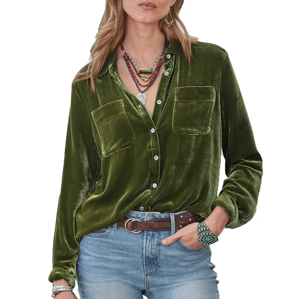 Brand New High Quality Shirts V-neck Fashion Spring Autumn Women Retro Velvet Blouse ArmyGreen Brick Red Gold Velvet