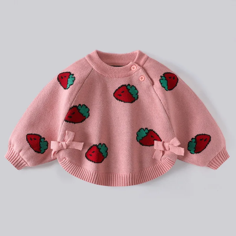 New Korean Children Girls Sweater Cotton Strawberry Knotbow Infant Baby Girl Pullovers Bat Sleeve Kid Girl Princess Knit Sweater