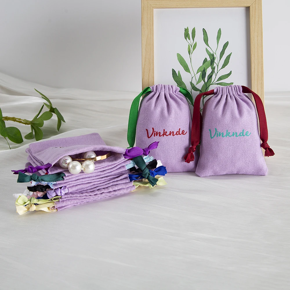 

50Pcs Natural Cotton Jewelry Pouches Canvas Pouch Bags with Ribbon Drawstring Jute Personalized Printed Festival Gife Package