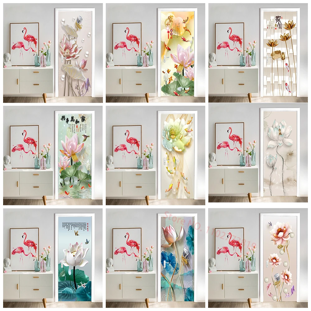 

3D Floral Door Stickers Self-adhesive Oriental Chinese Style Lotus Flower Door Wallpaper Bedroom Living Room Decoration Decals