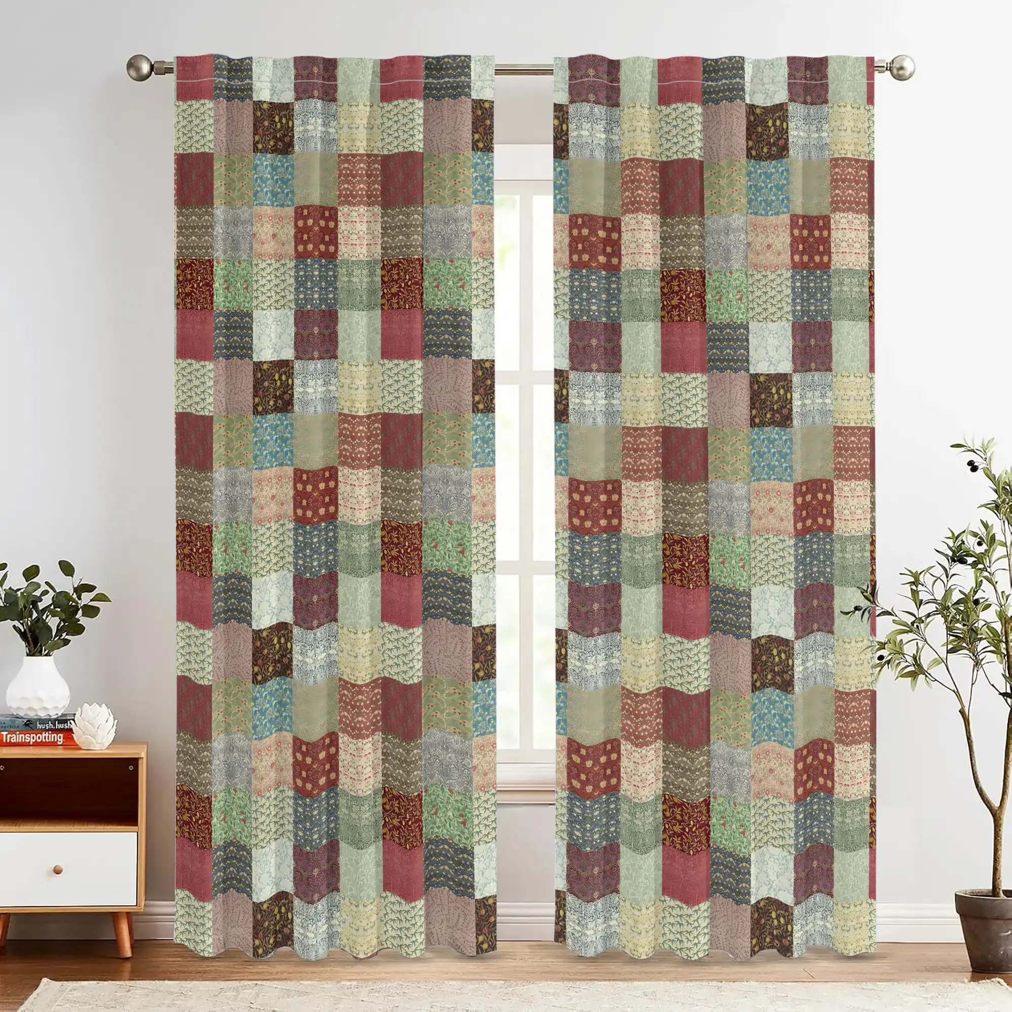 Patchwork Quilt Style Curtain Panels Rustic Farmhouse Cottage Decor Window Curtain Home Decoration for Living Room Bedroom
