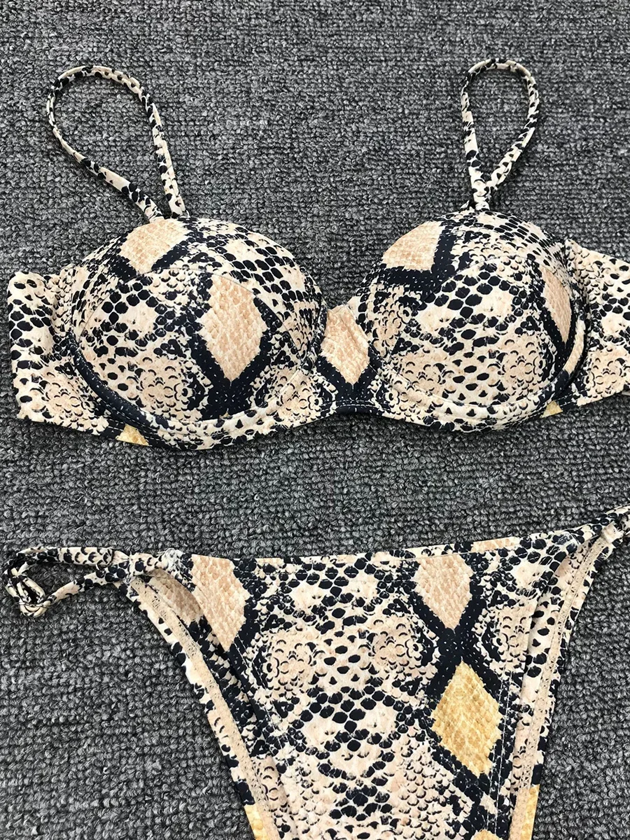 Sexy Snake Print Underwired Bra Cup Bikini Women Swimsuit Female Swimwear Two pieces Bikini set Micro thong Bathing Suit Swim