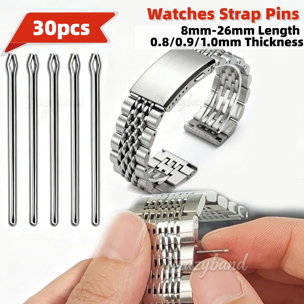30 Stück Edelstahl-Uhrenarmband-Verbindungsstifte 18mm 20mm 22mm 24mm 8mm-26mm Universelles Metall-Reparaturwerkzeug 0,8/0,9/1,0mm Dick