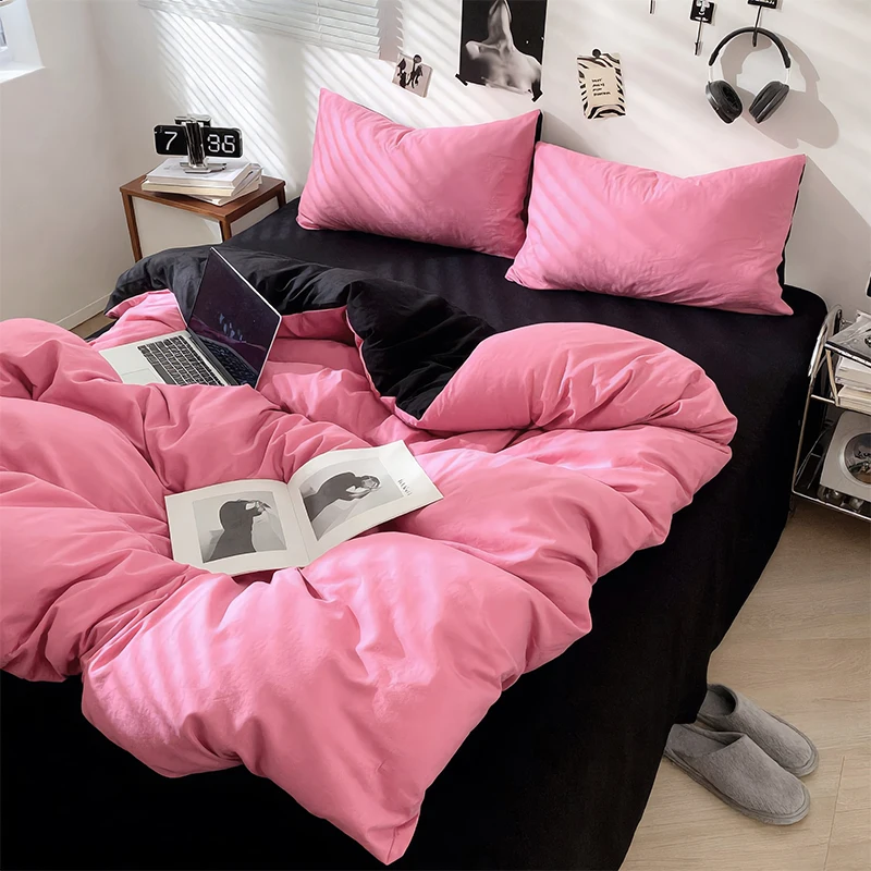 Ins Korean Girl Heart Knitted Double layer Yarn Soft Water Washed Quilt Set Four Piece Bed Sheet Bed Sheet Dormitory 3-Piece Set