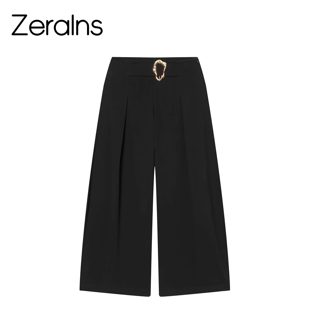 ZERAINS 2026 summer new mid waist pleated design with niche buckle decoration bucket casual pants for women versatile