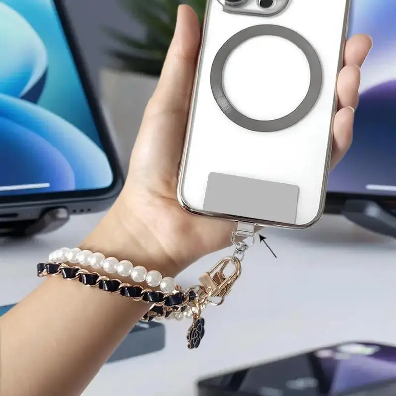 

Mobile Phone Lanyard with Beautiful Pearl Beads; Double Chain Anti-Drop Accessory; Short Strap with Universal Metal Clip Charm