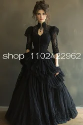 CustomizedVintage Gothic Black Princess Wedding Dresses Retro Long Sleeve Lace Applique Ruched Corset Bustle Bridal Gown Country