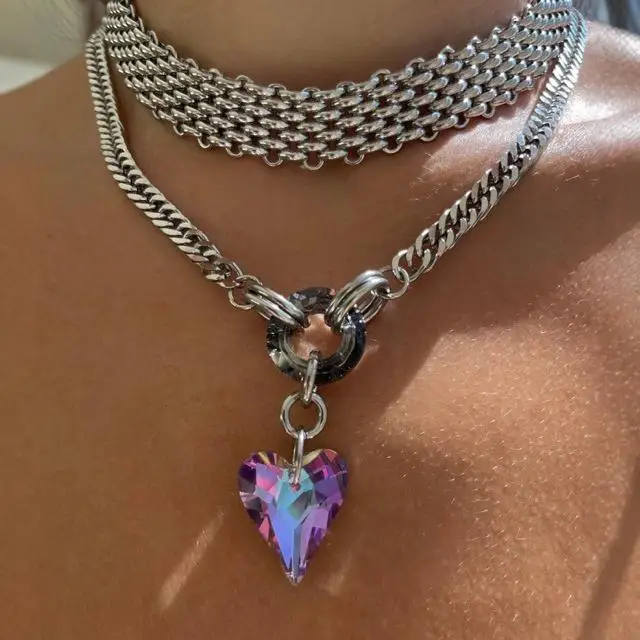 Y2K Aesthetic Crystal Heart Pendant Necklace for Women Punk Hip Hop Chunky Cuban Chain Choker Collar Gótico Para Mujer